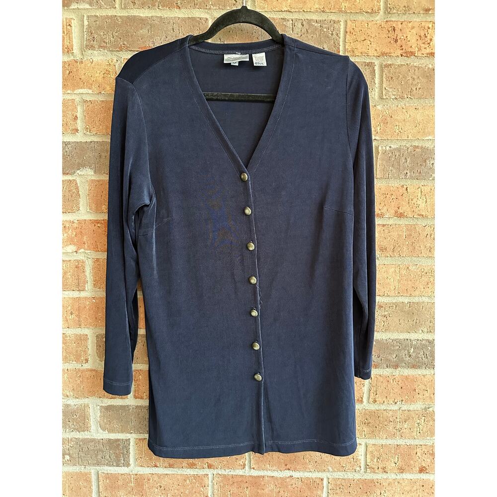 Chico's Travelers Women's Blue Solid Stretch Button Front V-Neck Cardigan Size 1